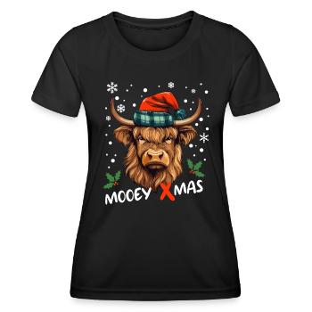 Schottische Highland Kuh feiert Weihnachten Muh - Frauen Funktions-T-Shirt - Schwarz - Vorne - AI Model Female 172 light (172cm)
