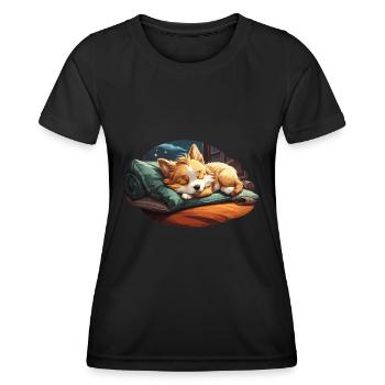 Träumender Corgi der auf Kissen eingeschlafen ist - Frauen Funktions-T-Shirt - Schwarz - Vorne - AI Model Female 172 light (172cm)