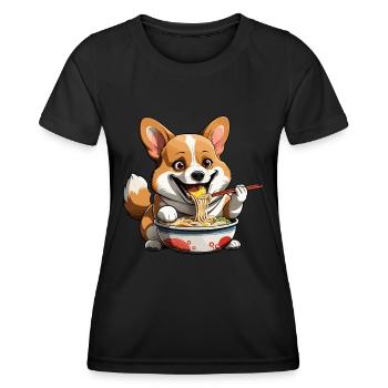 Corgi eats ramen - Women's Functional T-Shirt - black - Front - AI Model Female 172 light (172cm)