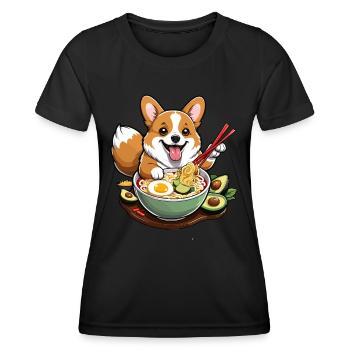 Corgi avec ramen et baguettes - T-shirt sport Femme - noir - Devant - AI Model Female 172 light (172cm)