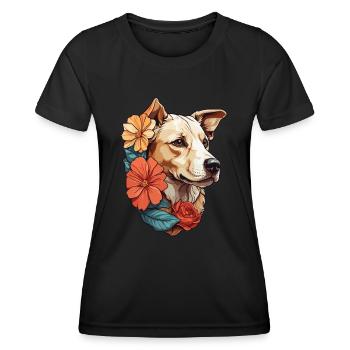 Hund mit bunten Blumen - Frauen Funktions-T-Shirt - Schwarz - Vorne - AI Model Female 172 light (172cm)