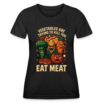 Les légumes attaquent – mangez de la viande à la place ! - T-shirt sport Femme - noir - Devant - AI Model Female 172 light (172cm)