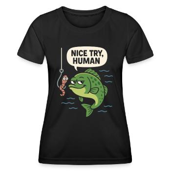 Nice Try Human – Fisch répond effrontément - T-shirt sport Femme - noir - Devant - AI Model Female 172 light (172cm)