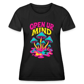 Champignons psychédéliques – Ouvrez votre - T-shirt sport Femme - noir - Devant - AI Model Female 172 light (172cm)