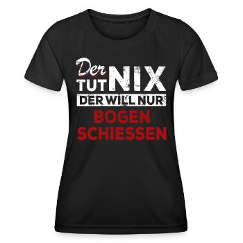 Der tut nix der will nur Bogen schießen - Spruch - Frauen Funktions-T-Shirt - Schwarz - Vorne - AI Model Female 172 light (172cm)