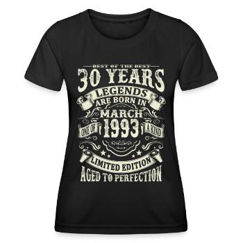 Legend born in March 1993 - 30 years old - Women's Functional T-Shirt - black - Front - AI Model Female 172 light (172cm)