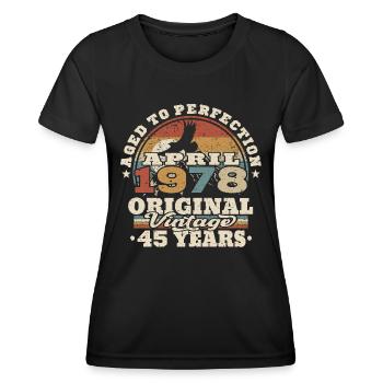 April 1978 - 45 Jahre alt - 45. Geburtstag - Frauen Funktions-T-Shirt - Schwarz - Vorne - AI Model Female 172 light (172cm)