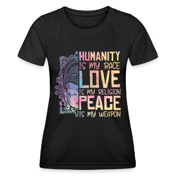 Religion Menschlichkeit Liebe Frieden Cooles - Frauen Funktions-T-Shirt - Schwarz - Vorne - AI Model Female 172 light (172cm)