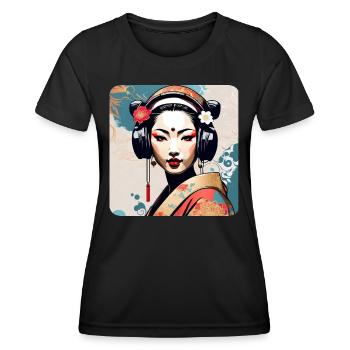 Pretty geisha with headphones and flowers - Women's Functional T-Shirt - black - Front - AI Model Female 172 light (172cm)