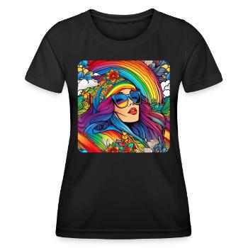 Flower Power Frau in Retro Look mit Blumen - Frauen Funktions-T-Shirt - Schwarz - Vorne - AI Model Female 172 light (172cm)