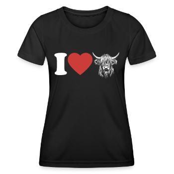 I Love Highland Cattle - Herz - Kuh - Rinderzucht - Frauen Funktions-T-Shirt - Schwarz - Vorne - AI Model Female 172 light (172cm)