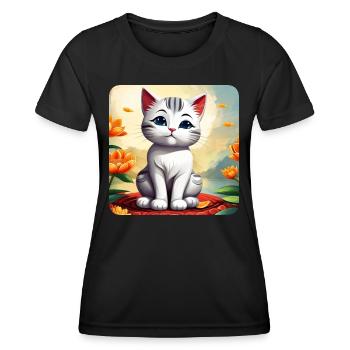 Niedliche weiße Katze mit Blumen - Frauen Funktions-T-Shirt - Schwarz - Vorne - AI Model Female 172 light (172cm)