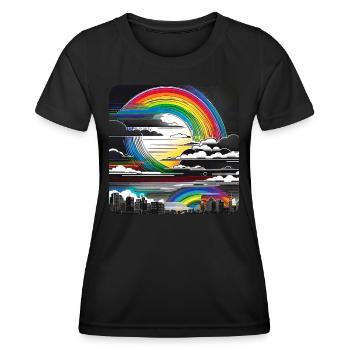 Stadt Skyline mit Regenbogen und Wolken - Frauen Funktions-T-Shirt - Schwarz - Vorne - AI Model Female 172 light (172cm)