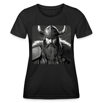 Stolzer Wikinger Krieger mit Hörner Helm Portrait - Frauen Funktions-T-Shirt - Schwarz - Vorne - AI Model Female 172 light (172cm)