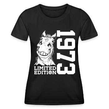 ÉDITION LIMITÉE DE 1973 ÉQUITATION DU 53E ANNIVERSAIRE DU CHEVAL - T-shirt sport Femme - noir - Devant - AI Model Female 172 light (172cm)
