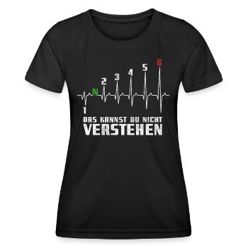 1N23456 Motorrad Gangschaltung - Adrenalin - Puls - Frauen Funktions-T-Shirt - Schwarz - Vorne - AI Model Female 172 light (172cm)