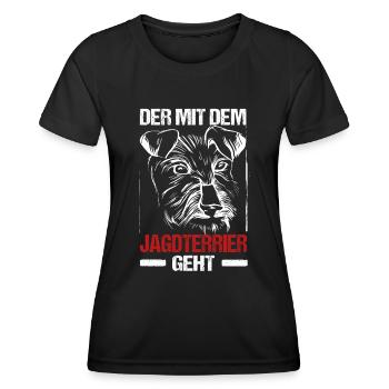 Der Mit Dem Jagdterrier Geht Hunde Herrchen Gassi - Frauen Funktions-T-Shirt - Schwarz - Vorne - AI Model Female 172 light (172cm)