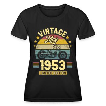 Oldtimer-Biker Jahrgang Mai 1953 70-jähriges Jubiläum - Frauen Funktions-T-Shirt - Schwarz - Vorne - AI Model Female 172 light (172cm)