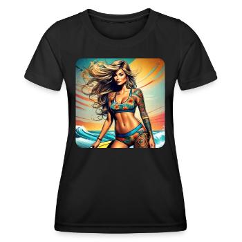 Jolie surfeuse fille sur la plage avec coucher de soleil - T-shirt sport Femme - noir - Devant - AI Model Female 172 light (172cm)