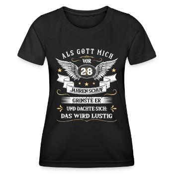 Als Gott mich vor 28 Jahren schuf grinste er das - Frauen Funktions-T-Shirt - Schwarz - Vorne - AI Model Female 172 light (172cm)