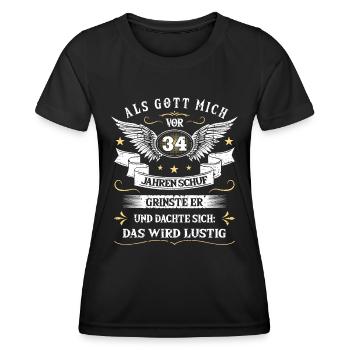 Als Gott mich vor 34 Jahren schuf grinste er das - Frauen Funktions-T-Shirt - Schwarz - Vorne - AI Model Female 172 light (172cm)