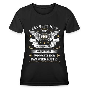 Als Gott mich vor 50 Jahren schuf grinste er das - Frauen Funktions-T-Shirt - Schwarz - Vorne - AI Model Female 172 light (172cm)