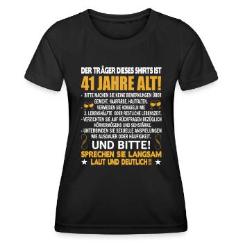 Der Träger dieses Shirts ist 41 Jahre alt 41. - Frauen Funktions-T-Shirt - Schwarz - Vorne - AI Model Female 172 light (172cm)