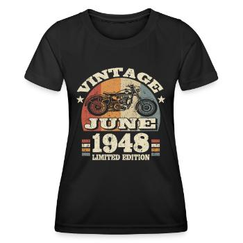 Born in June 1948 - 75 years old - Women's Functional T-Shirt - black - Front - AI Model Female 172 light (172cm)