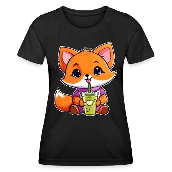 Cute Fox with Bubble Tea - Women's Functional T-Shirt - black - Front - AI Model Female 172 light (172cm)
