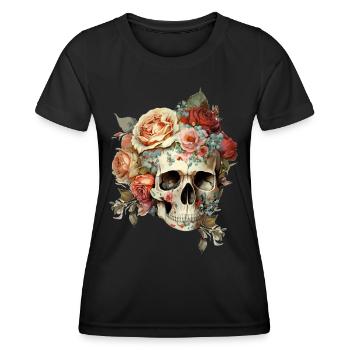 Crâne avec des fleurs - T-shirt sport Femme - noir - Devant - AI Model Female 172 light (172cm)