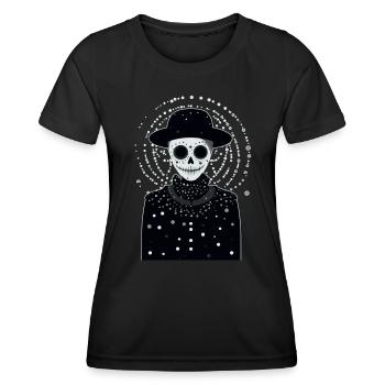 Ein lächelndes weißes Skelett mit Hut und Mantel - Frauen Funktions-T-Shirt - Schwarz - Vorne - AI Model Female 172 light (172cm)