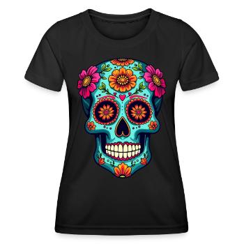 Floraler Zuckerschädel – Farbenfrohe Kunst zum Tag der Toten - Frauen Funktions-T-Shirt - Schwarz - Vorne - AI Model Female 172 light (172cm)