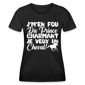 J'm'en fou du prince charmant je veux un cheval - T-shirt sport Femme - noir - Devant - AI Model Female 172 light (172cm)