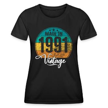 Millésime Fabriqué en 1991 Année de naissance 1991 Anniversaire - T-shirt sport Femme - noir - Devant - AI Model Female 172 light (172cm)
