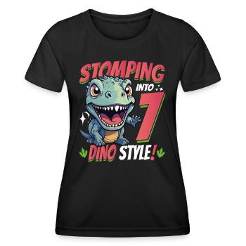 T-Rex Turning 7: Stomping into 7th Dino Style Bday - Women's Functional T-Shirt - black - Front - AI Model Female 172 light (172cm)