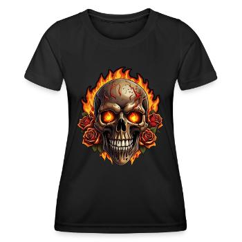 Skull with Fire and Red Roses Burning Skull - Women's Functional T-Shirt - black - Front - AI Model Female 172 light (172cm)