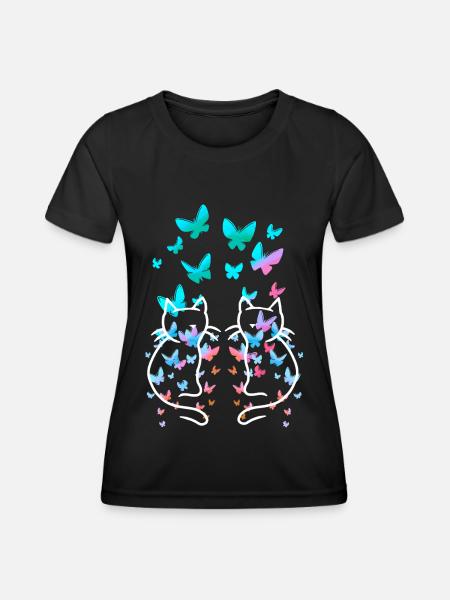 80er Retro Katze Vintage Frühling Schmetterlinge - Frauen Funktions-T-Shirt - Schwarz