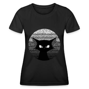süße Comic Katze / Kater Motiv Sticker Tasse Shirt - Frauen Funktions-T-Shirt - Schwarz - Vorne - AI Model Female 172 light (172cm)