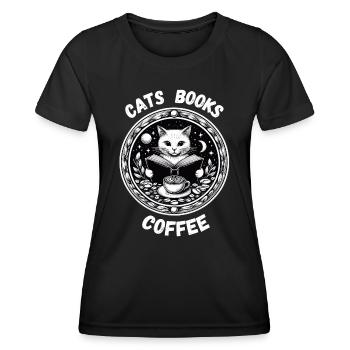Cats, Books, Coffee, Relaxing, Cats, Mom, Reading - Women's Functional T-Shirt - black - Front - AI Model Female 172 light (172cm)