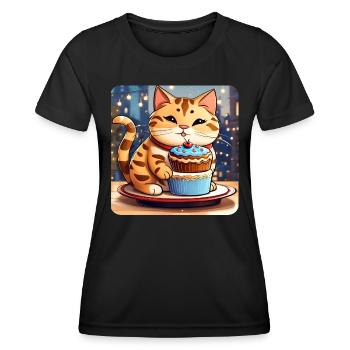 Niedliche dicke Katze mit Cup Cake - Frauen Funktions-T-Shirt - Schwarz - Vorne - AI Model Female 172 light (172cm)