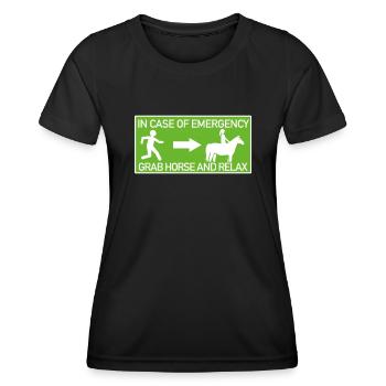 Reiterin mit Pferd lustiges Fluchtweg Schild - Frauen Funktions-T-Shirt - Schwarz - Vorne - AI Model Female 172 light (172cm)