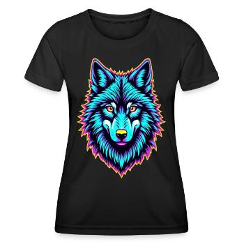 Neon Wolfskopf – Psychedelisch leuchtendes Tierdesign - Frauen Funktions-T-Shirt - Schwarz - Vorne - AI Model Female 172 light (172cm)