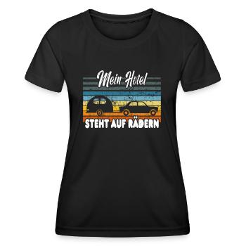 Mein Hotel steht auf Rädern - Wohnwagen Camping - Frauen Funktions-T-Shirt - Schwarz - Vorne - AI Model Female 172 light (172cm)