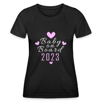Bébé à bord grossesse enceinte 2023 - T-shirt sport Femme - noir - Devant - AI Model Female 172 light (172cm)