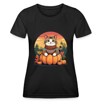 Autumn cat on pumpkin – cozy & cute - Women's Functional T-Shirt - black - Front - AI Model Female 172 light (172cm)