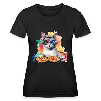 Outer Space Cat Pizza Disc Jockey - Interstellar - Women's Functional T-Shirt - black - Front - AI Model Female 172 light (172cm)