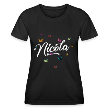 NICOLA - Mädchen Name mit bunten Schmetterlingen - Frauen Funktions-T-Shirt - Schwarz - Vorne - AI Model Female 172 light (172cm)