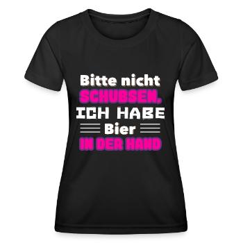 Bitte nicht Schubsen, Ich habe Bier In der Hand - Frauen Funktions-T-Shirt - Schwarz - Vorne - AI Model Female 172 light (172cm)