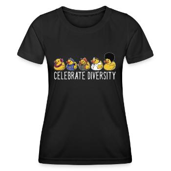 Funny Celebrate Diversity Yellow Bath Duckie Rubbe - Frauen Funktions-T-Shirt - Schwarz - Vorne - AI Model Female 172 light (172cm)