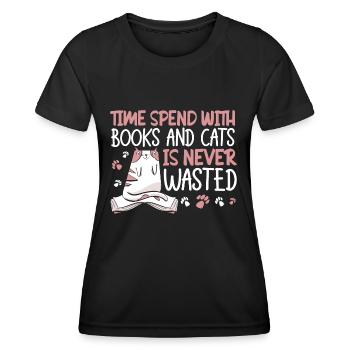 Katze Buchliebhaber Bücher Lesen - Frauen Funktions-T-Shirt - Schwarz - Vorne - AI Model Female 172 light (172cm)